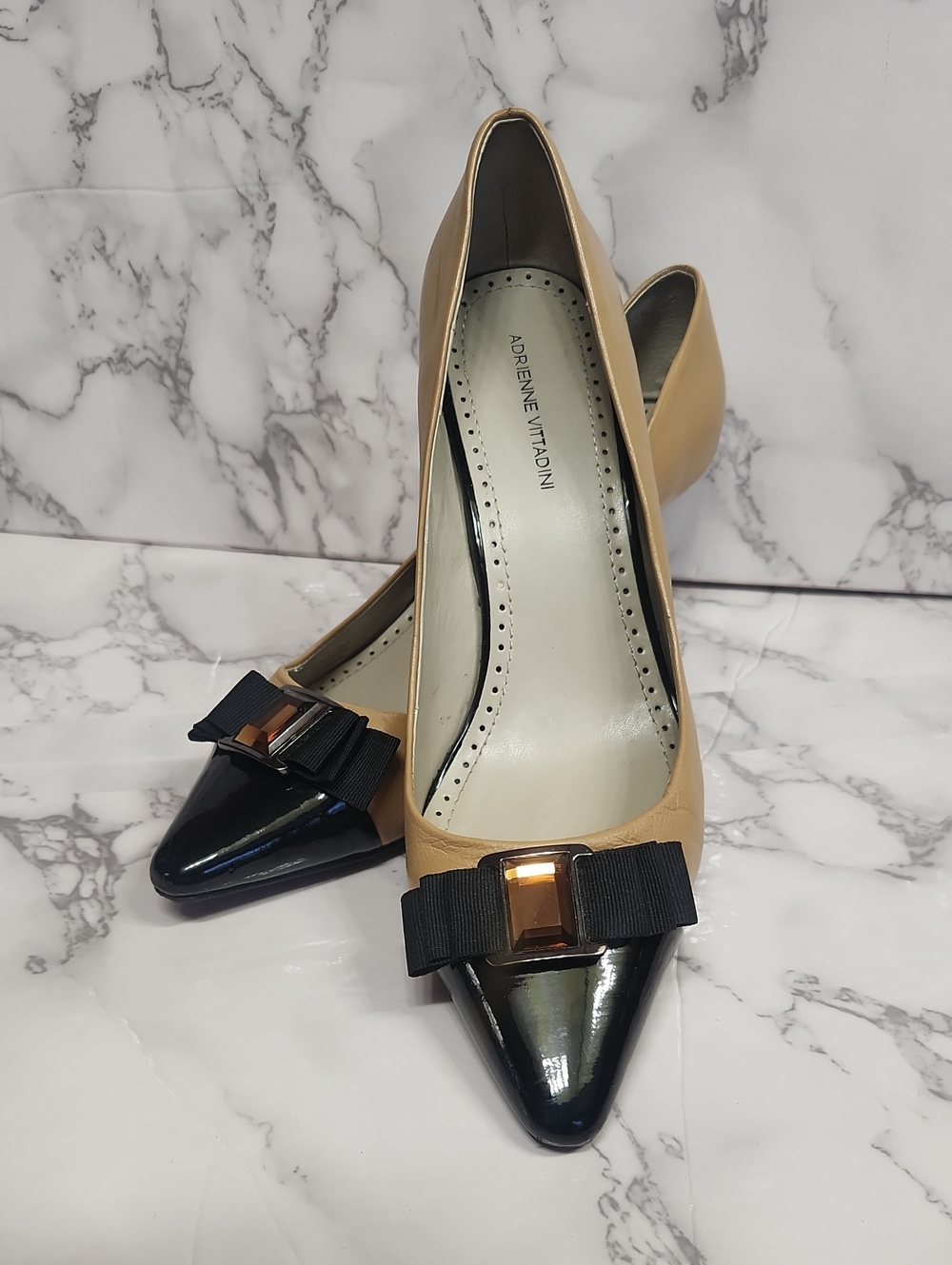 Adrienne Vittadini Two-Tone Pointed Toe 3inch Heel in Tan and Black with Bow